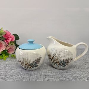 Vintage J & G Meakin Sol Creamer & Sugar Bowl Leaves Crosshatch 1950s White Blue